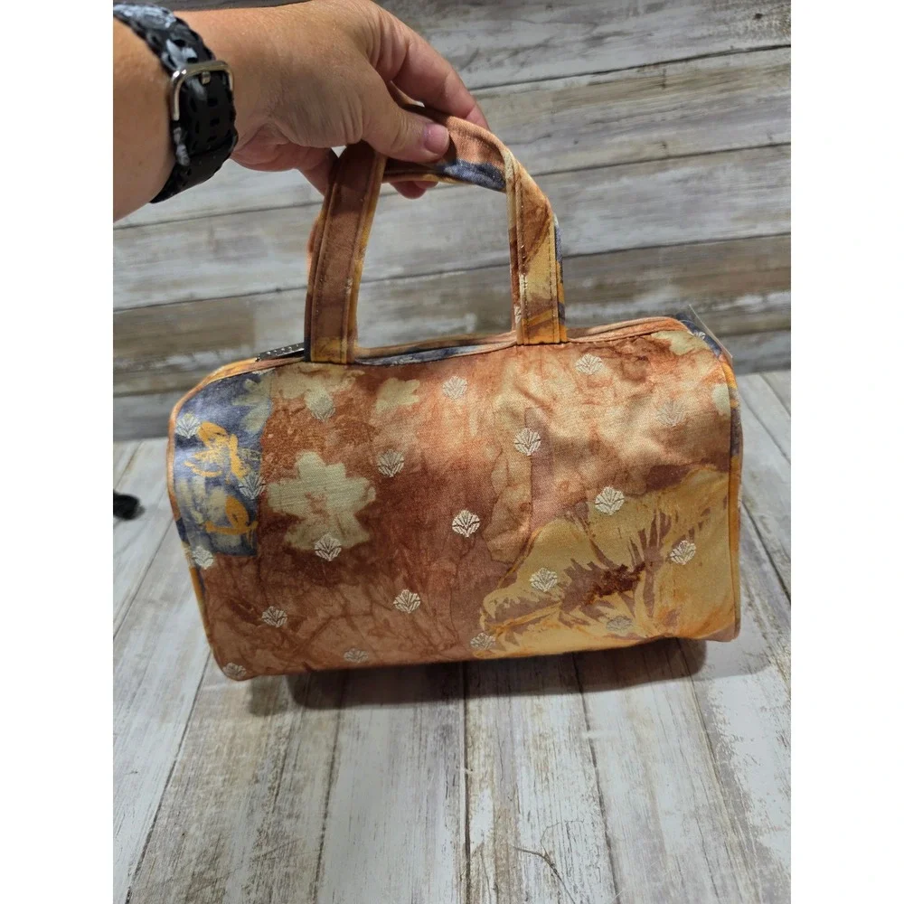 Living Things Co Abstract Floral Batik Canvas Barrel Travel Bag‎ Orange Blue NWT